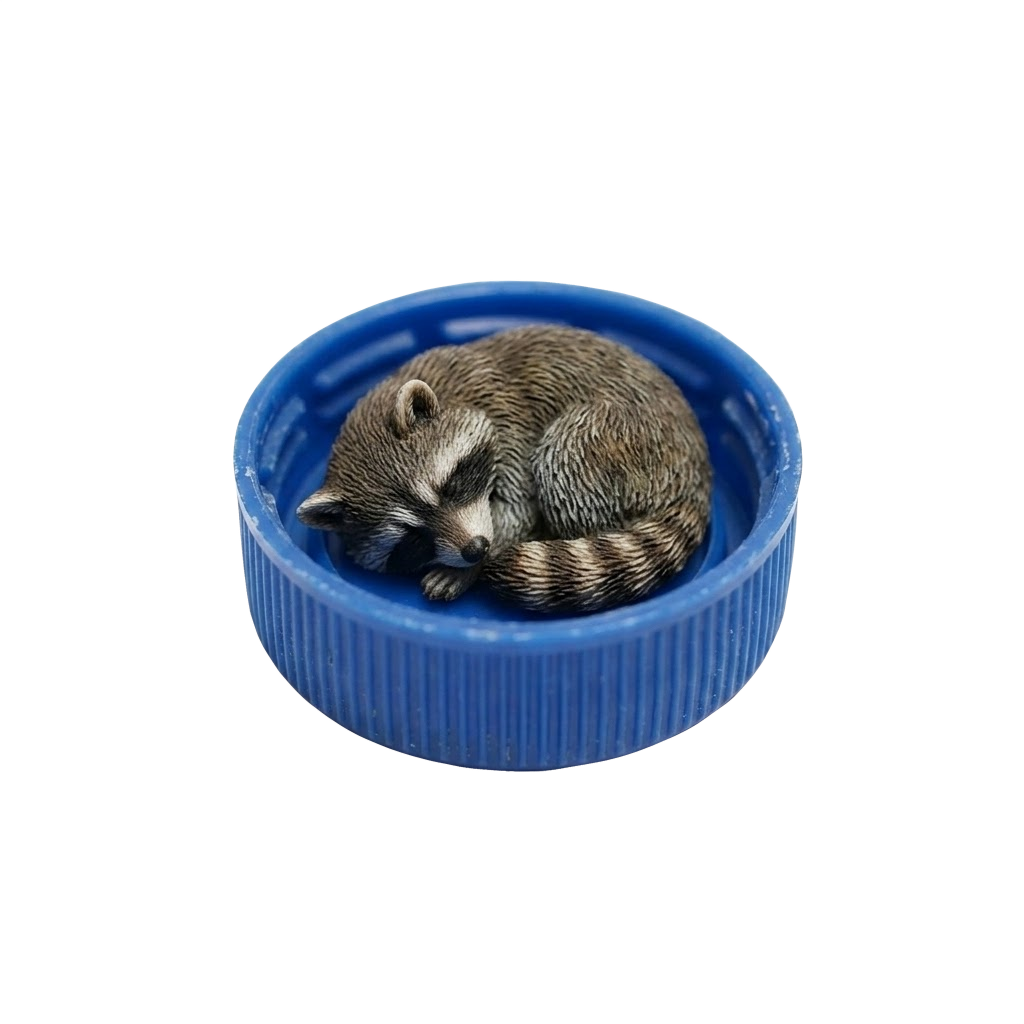 Nano raccoon asleep in a bottle cap