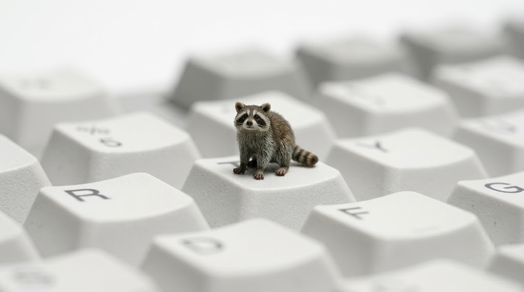 Nano raccoon standing on a keyboard key